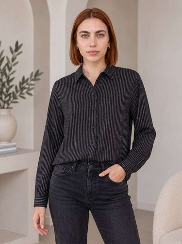 Chemise femme rayée à détails brillants - Noir
