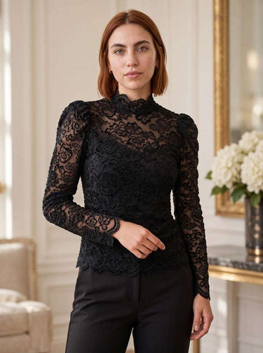 Top femme en dentelle à manches longues - Noir