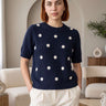 Top femme en maille à pois et manches courtes - Marine